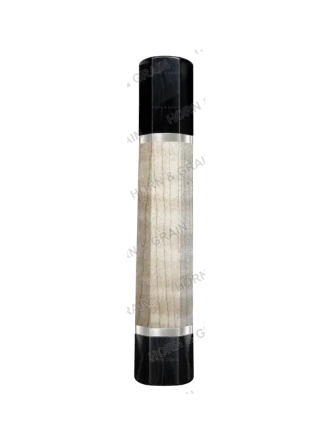 Handmade curly maple wa handle with a black horn ferrule, a white nickel ring and a black horn end cap with a white nickel end ring