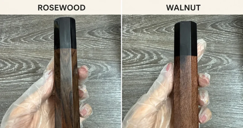 Rosewood and walnut wa handles shown side by side for color and grain comparison
