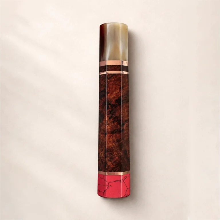 Amboyna Burl Wa Handle with Pink Coral End Cap studio photo