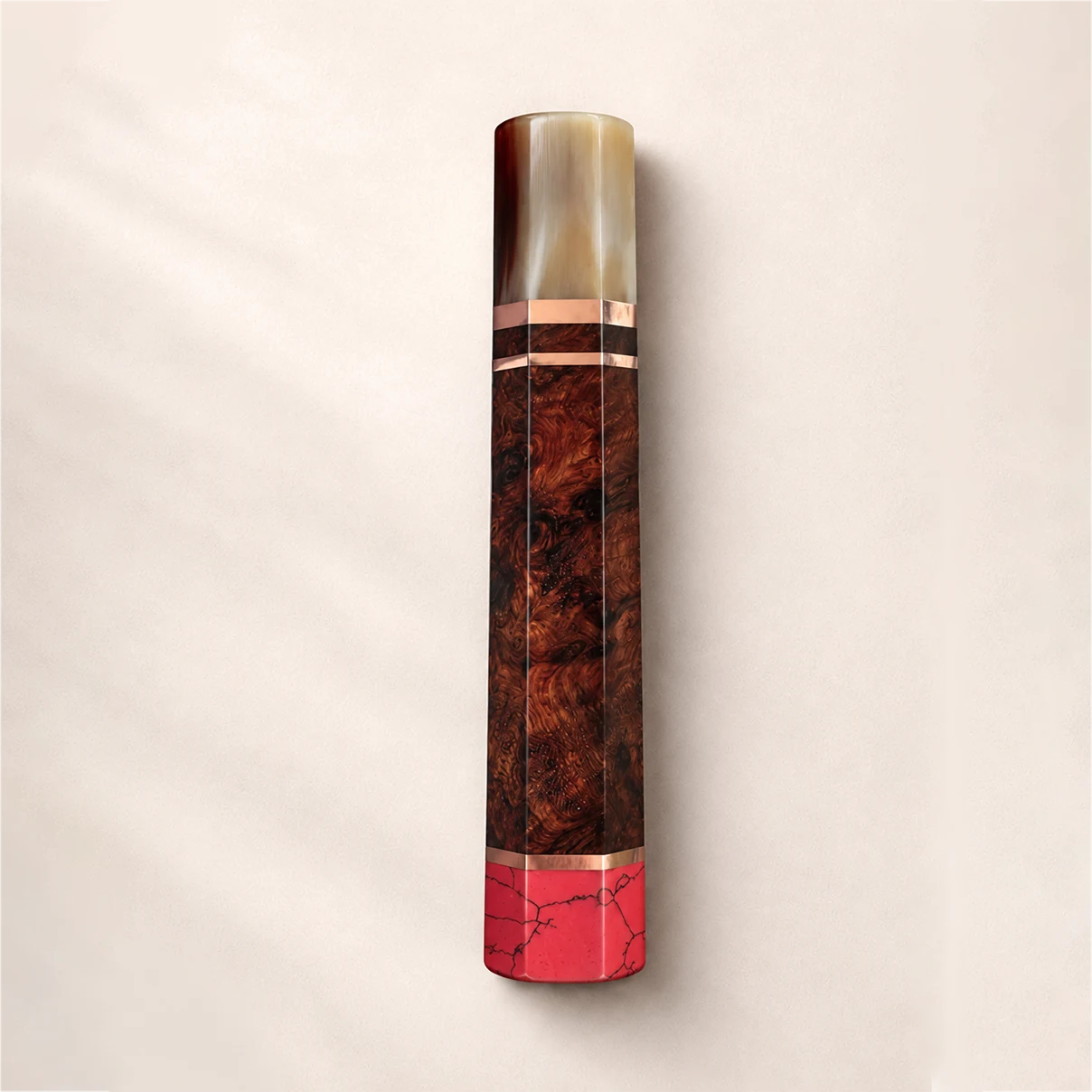 Amboyna Burl Wa Handle with Pink Coral End Cap studio photo