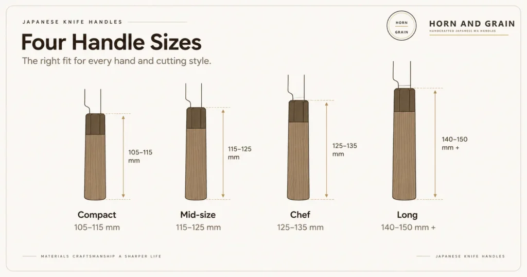 Four wa handles drawn to scale with their length ranges: Compact 105 to 115 mm, Mid-size 115 to 125 mm, Chef 125 to 135 mm, Long 140 to 150 mm and over.