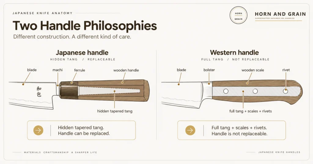 Japanese handle: hidden tang, replaceable, with blade, machi, ferrule and wooden handle labelled. Western handle: full tang with wooden scales and rivets, not replaceable.