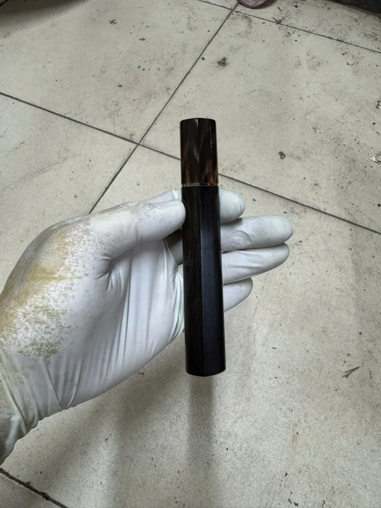 Ebony wa handle with marbled horn ferrule, brass ring, D-shape, photographed before shipping in September 2026