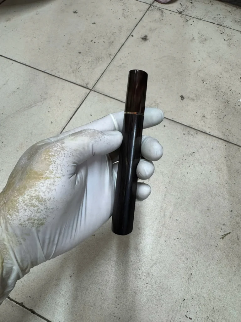 Ebony wa handle with marbled horn ferrule, brass ring, D-shape, photographed before shipping in September 2026