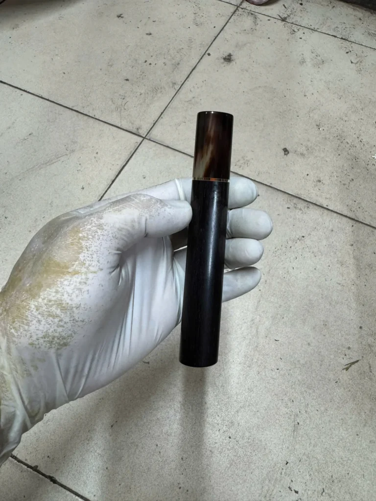 Ebony wa handle with marbled horn ferrule, brass ring, D-shape, photographed before shipping in September 2026
