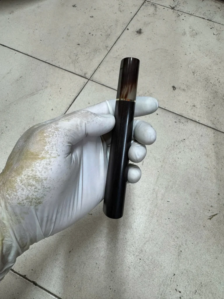 Ebony wa handle with marbled horn ferrule, brass ring, D-shape, photographed before shipping in September 2026