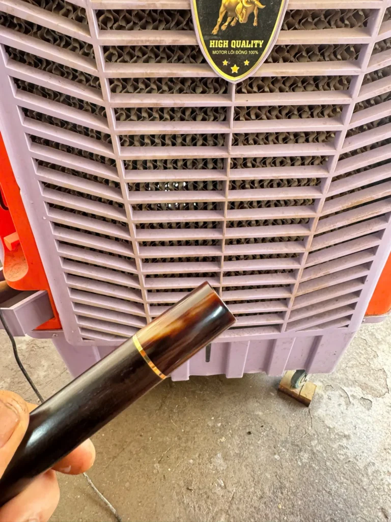 Ebony wa handle with marbled horn ferrule, brass ring, D-shape, photographed before shipping in September 2026