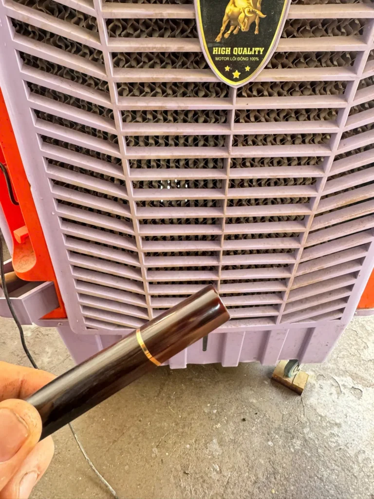Ebony wa handle with marbled horn ferrule, brass ring, D-shape, photographed before shipping in September 2026