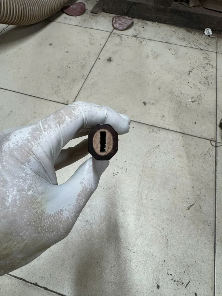 Curly maple wa handle with buffalo horn ferrule, photographed before shipping in September 2026