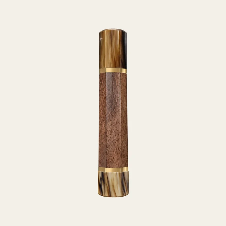 Walnut & Marbled Buffalo Horn Wa Handle with Brass Ring 3 mm, Brass End Ring 3 mm and Marbled Horn End Cap