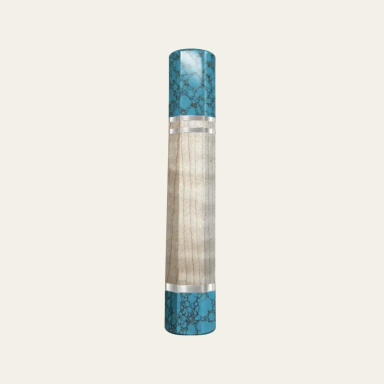 Curly Maple & Turquoise Wa Handle with 2 White Nickel Rings 2 mm, White Nickel End Ring 3 mm and Turquoise End Cap