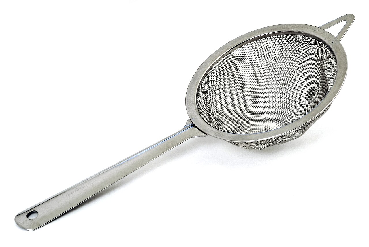 General kitchen strainer with a fine mesh basket and a long handle