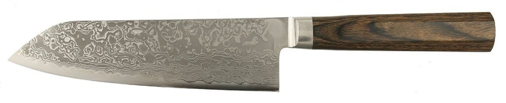 Takamura Hana santoku with a patterned blade and wooden handle