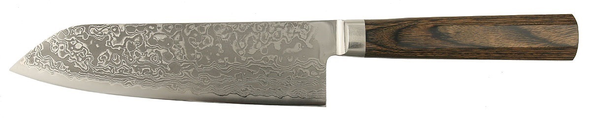 Takamura Hana santoku with a patterned blade and wooden handle