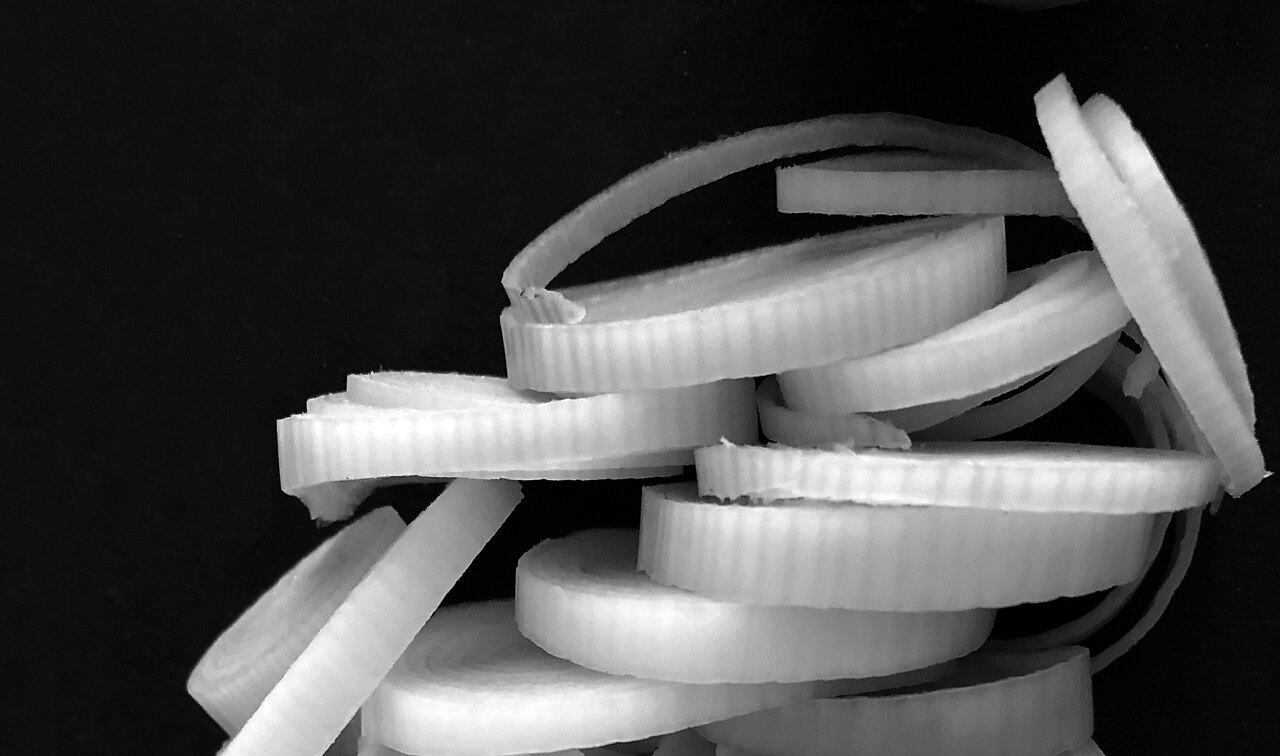 Close-up of leek rings showing their concentric layers.