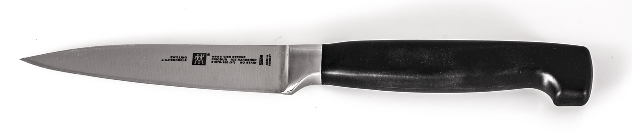 Side profile of a J. A. Henckels paring knife with a short pointed blade and handle.