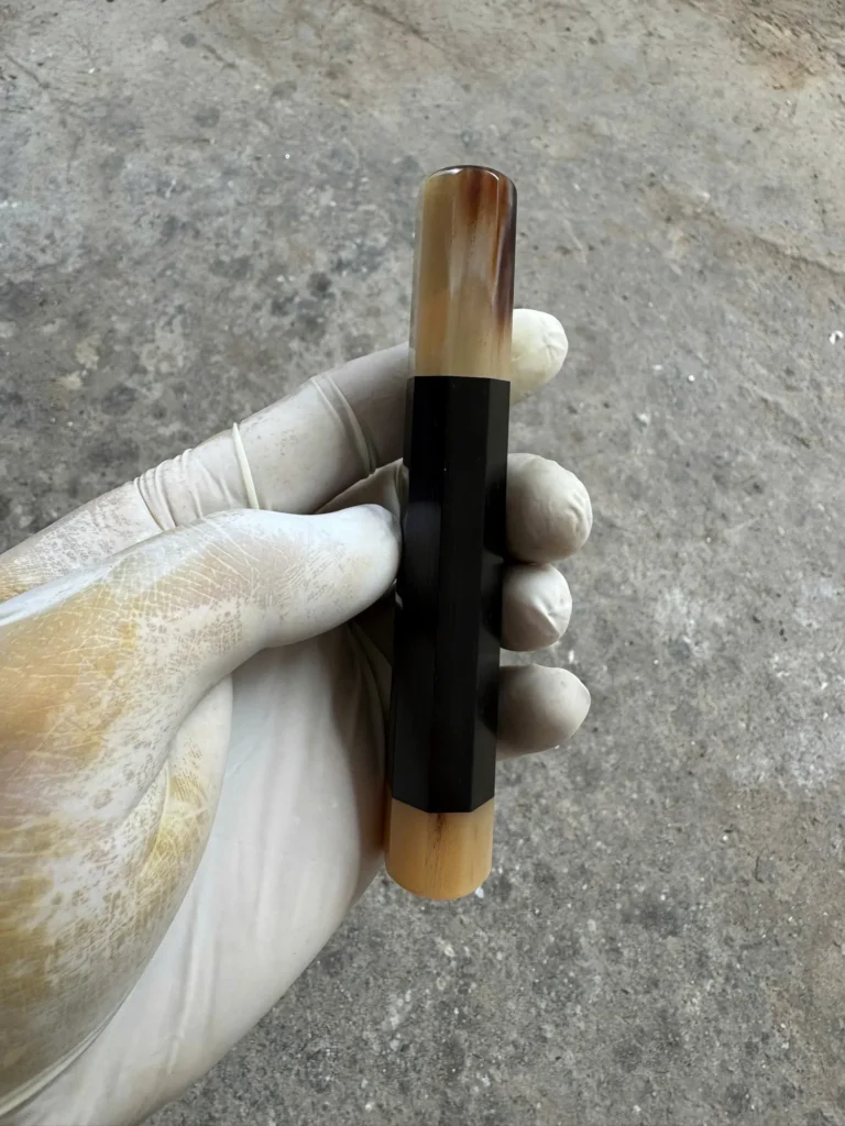 African blackwood wa handle with white horn ferrule, white horn cap, photographed before shipping in October 2026