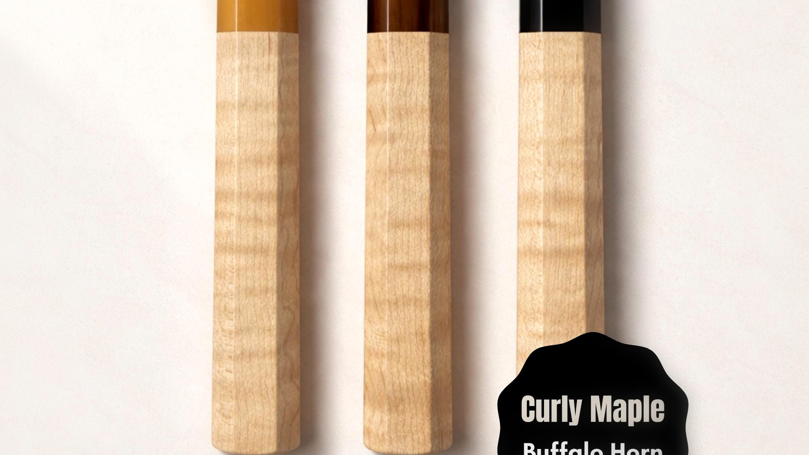 Curly maple, ash, white oak, and pearwood handle blanks with pale horn accents
