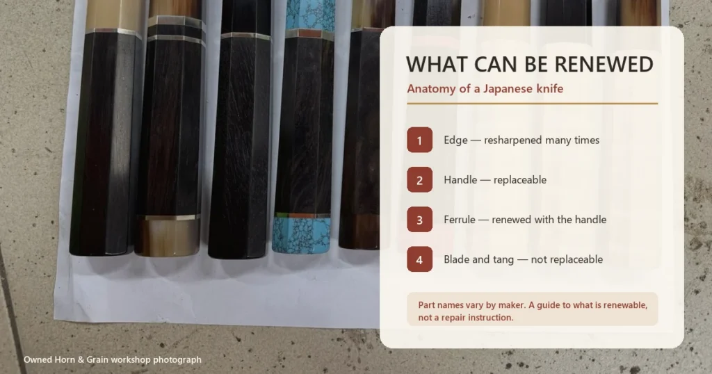 Card listing which parts of a Japanese knife can be renewed and which cannot